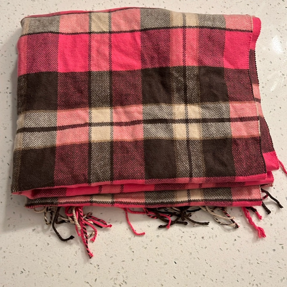 Pink and brown plaid scarf